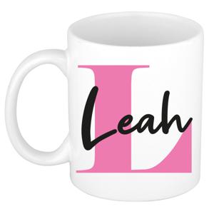 Naam mok Leah - roze - wit - keramiek - 300 ml - verjaardag/cadeau beker