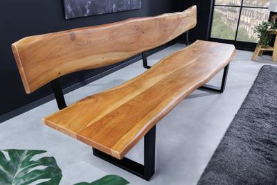 Massief houten bank MAMMUT 200cm natuurlijke acaciaboom rand met rugleuning zwart metalen frame - 46154
