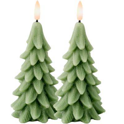 LED kerstboom kaars - 2x - groen - 15 cm - batterijen - timer - kerstboom vorm kaarsen