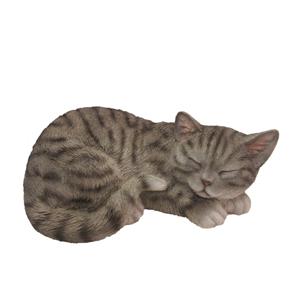 Dierenbeeld slapende kat/poes - grijs - 28 x 19 cm - polystone - katten - buiten en binnen