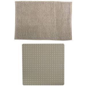 MSV Douche anti-slip mat en droogloop mat - Sevilla badkamer set - rubber/microvezel - beige