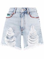 Philipp Plein short en jean à ornements en cristal - Bleu