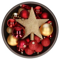33x stuks kunststof kerstballen met piek 5-6-8 cm rood/goud incl. haakjes   -