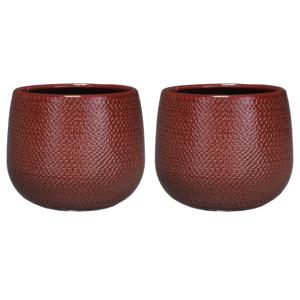 Mica Decorations Bloempot - Set van 3x stuks - rood - ribbel - keramiek - 18 x 16 cm