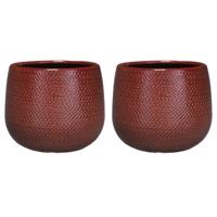 Mica Decorations Bloempot - Set van 3x stuks - rood - ribbel - keramiek - 18 x 16 cm