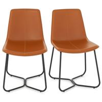 Set van 2 Eetkamerstoelen Keukenstoelen met Kunstleren Bekleding en Metalen Poten Vintage Stiksels Moderne Accentstoelen