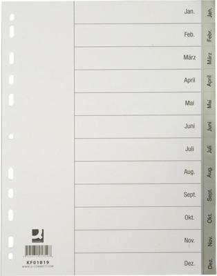 Q-CONNECT tabbladen, A4, PP, 4-gaatsperforatie, met indexblad, set van Jan-Dec, grijs