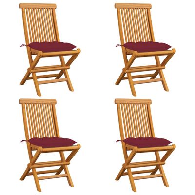 VidaXL Klapstoelen met wijnrode kussens, 4 stuks, massief teakhout