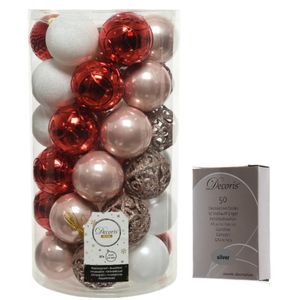 Kerstversiering mix pakket kunststof kerstballen 6 cm lichtroze/rood/wit 37x stuks met haakjes