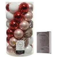 Kerstversiering mix pakket kunststof kerstballen 6 cm lichtroze/rood/wit 37x stuks met haakjes