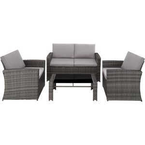 tectake® - Wicker zitgroep loungeset tuinset Lucca - 1 bank/2 stoelen/1 tafel met glasplaat - grijs - 404918