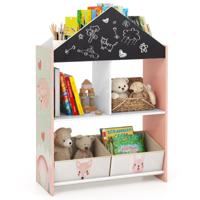 Opbergrek voor Kinderen Zwart en Wit Beschrijfbaar Schoolbord 4 Vakken 2 Laden Boekenkast voor Speelkamer Kinderkamer
