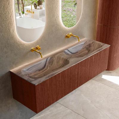 Badmeubel Mondiaz Kurve-Dlux | 150 cm | Meubelkleur Ruby | Wastafelkleur Sombra | Solid surface | Wasbak beide zijden spoelbak | Zonder kraangat(en)