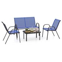 4-delig Patio Metaalstoelset Modern Stoel- en Tafelset met Stofbekleding Tafelblad van Gehard Glas Blauw