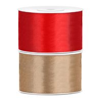 Set van 2 stuks sierlinten/cadeaulinten/satijnen linten goud en rood 38 mm x 25 meter - thumbnail