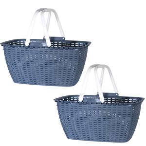 Wasmand met hengsels - 2x stuks - blauw/wit - 26 liter - L43 x B30 x H21 cm