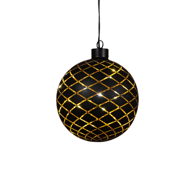 Kersthanger bal glas gouden binnenkant met diamant patroon 10led warm wit op batterij met timer d12 cm mat zwart - Annas collection