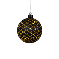 Kersthanger bal glas gouden binnenkant met diamant patroon 10led warm wit op batterij met timer d12 cm mat zwart - Annas collection