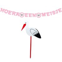 Geboorte versiering meisje - ooievaar geboorte bord - 100 cm hoog - letterslinger roze - thumbnail