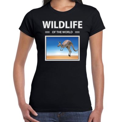Kangoeroe t-shirt met dieren foto wildlife of the world zwart voor dames