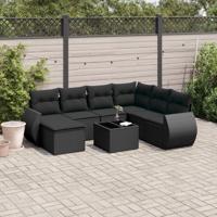8-delige Loungeset met kussens poly rattan zwart