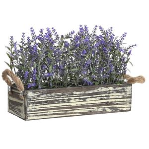 Lavendel bloemen kunstplant in houten bloempot - donkerpaarse bloemen - 30 x 12 x 21 cm