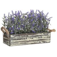 Lavendel bloemen kunstplant in houten bloempot - donkerpaarse bloemen - 30 x 12 x 21 cm