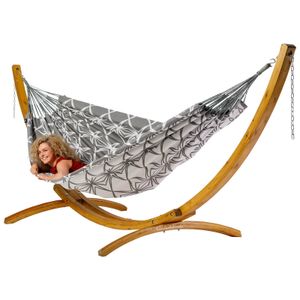Familie hangmat met houten standaard - 400x180cm - Grijs - 200kg draagkracht- 100% katoen - binnen & buiten