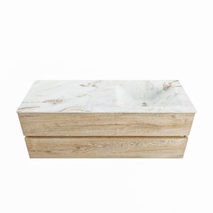 MONDIAZ VICA-DLUX 130cm badmeubel onderkast Washed Oak 2 lades. Inbouw wastafel CLOUD rechts zonder kraangat, kleur Frappe.