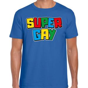 Bellatio Decorations Gay Pride T-shirt voor heren - super gay - blauw - pride - regenboog - LHBTI 2XL  -