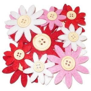 12 stuks gekleurde hobby bloemen rood/wit/roze van vilt met houten knoop   -