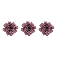 Kerstboomversiering Bloemen - 3x - 10 cm - roze glitter - op clip - ornament