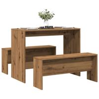 3-delige Eettafel en bankenset bewerkt hout artisanaal eiken