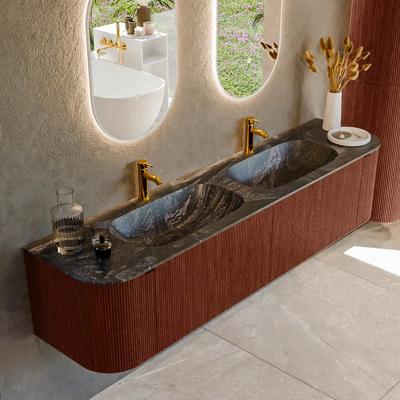 Badmeubel Mondiaz Kurve-Dlux | 190 cm cm | Meubelkleur Ruby | Wastafelkleur Lava | Solid surface | Wasbak beiden zijden spoelbak | 2 kraangaten