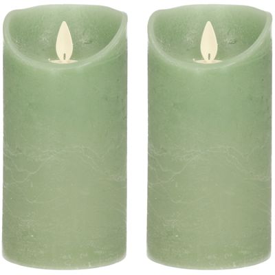 2x Jade groene LED kaarsen / stompkaarsen met bewegende vlam 15 cm