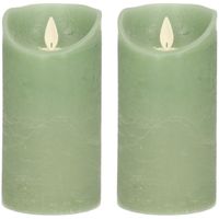 2x Jade groene LED kaarsen / stompkaarsen met bewegende vlam 15 cm