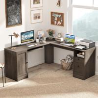 168 cm L-Vormig Computerbureau met Stopcontacten Modern Bureau met 2 Opbergladen Kast Verstelbare Plank en Toetsenbordlade