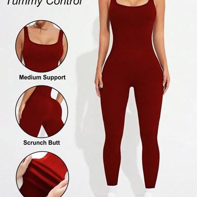 Seamless Yoga Jumpsuit - High Waist Scoop Neck Unitard in Black Burgundy / S