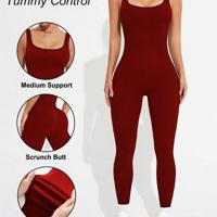 Seamless Yoga Jumpsuit - High Waist Scoop Neck Unitard in Black Burgundy / S