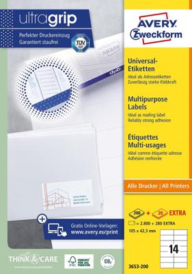 Avery Zweckform 3653, Universele etiketten, Ultragrip, wit, 200 vel, 14 per vel, 105 x 42,3 mm