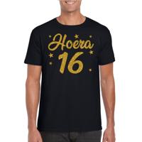 Hoera 16 jaar verjaardag - cadeau t-shirt - zwart - gouden glitter print - heren