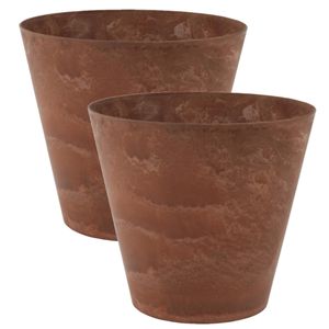 2x stuks plantenpot/bloempot in een natuursteen look Dia 32 cm en Hoogte 29 cm dark terra cotta