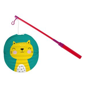 Bol lampion kat/poes - blauw - 22 cm - papier - met lampionstokje - 40 cm