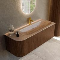 Badmeubel Mondiaz Kurve-Dlux | 125 cm | Meubelkleur Walnut | Wastafelkleur Arena | Solid surface | Wasbak rechter zijde spoelbak | 1 kraangat