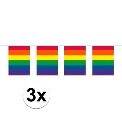 Regenboog vlaggenlijn - 3x - 10 meter - plastic - vierkante vlaggetjes - Gay pride versiering