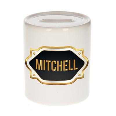 Spaarpot met voornaam Mitchell - wit - goud/zwart embleem - 8 x 9 cm - keramiek - afsluitdop