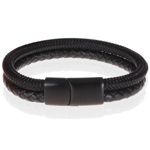 Heren armband Tom Jaxon Gevlochten Leer en Staal Zwart-23cm