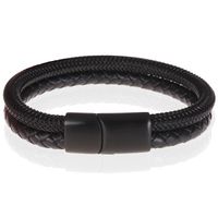 Heren armband Tom Jaxon Gevlochten Leer en Staal Zwart-23cm