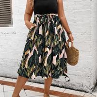 Plus Size Tropical Print Boho Midi Dress - Belted Square Neck Black / 0XL