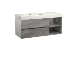 Storke Edge zwevend badmeubel 130 x 52 cm beton donkergrijs met Mata High asymmetrisch linkse wastafel in mat witte solid surface